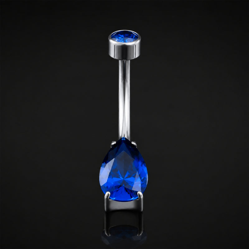 Piercing nombril, argent, pierre poire CZ bleu foncé, filetage interne, titane
