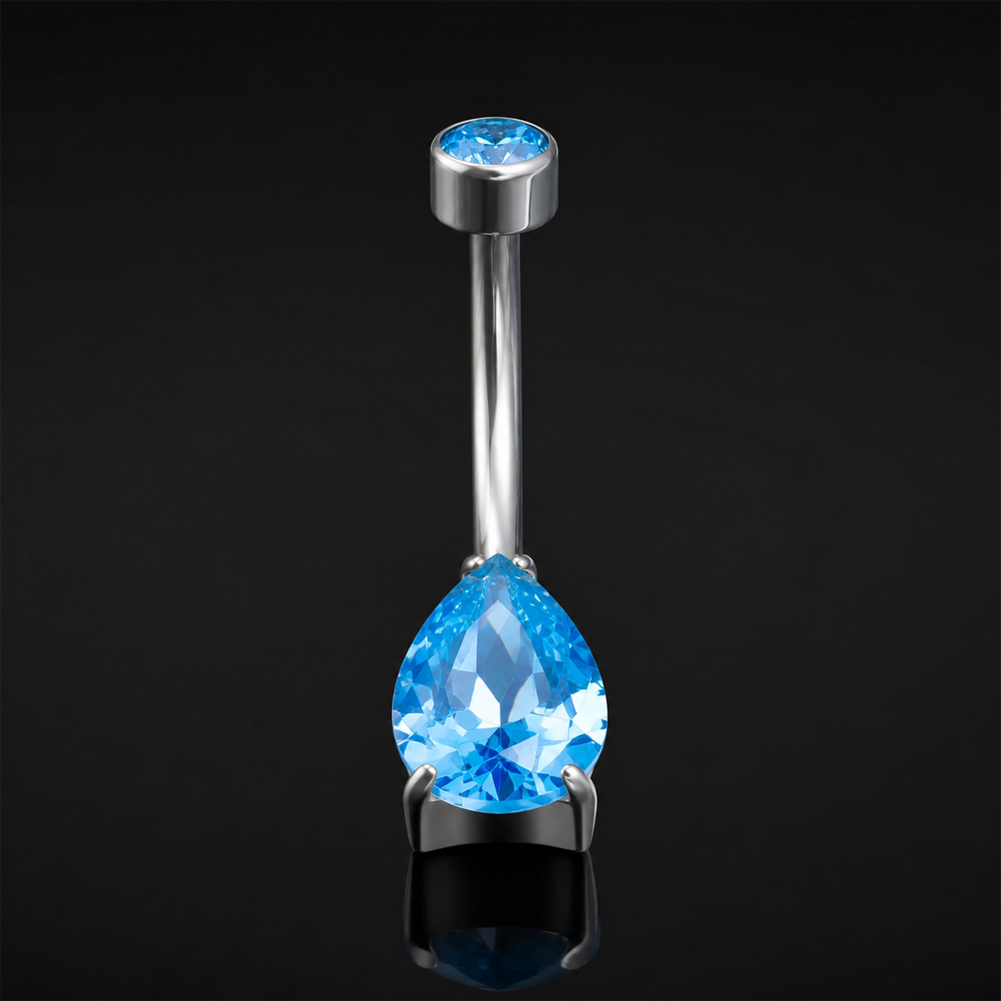 Belly Button Piercing, Silver, Light Blue CZ Teardrop Stone, Internal Thread, Titanium