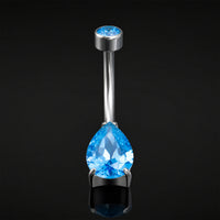 Piercing nombril, argenté, pierre goutte CZ bleu clair, filetage interne, titane