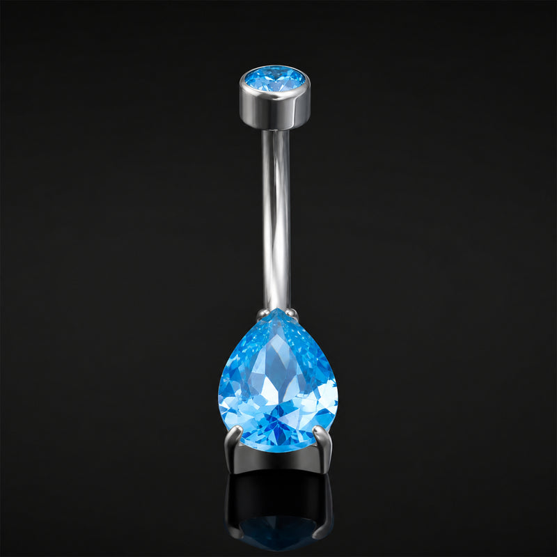 Piercing nombril, argenté, pierre goutte CZ bleu clair, filetage interne, titane
