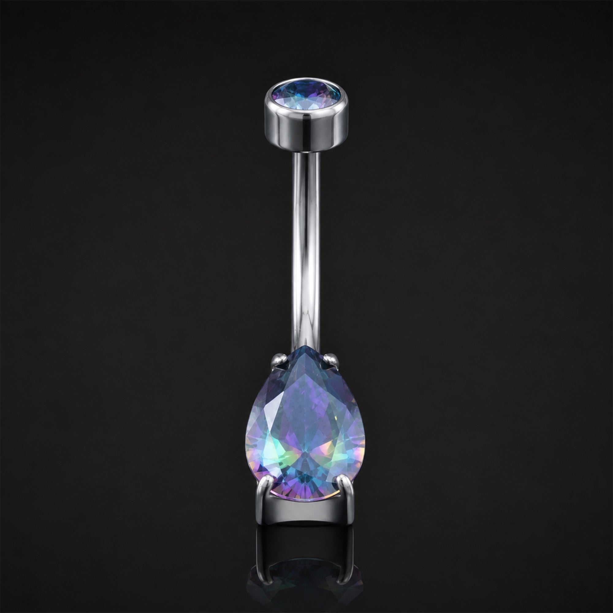 Belly Button Piercing, Silver, Rainbow CZ Teardrop Stone, Internal Thread, Titanium