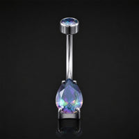Piercing nombril, argenté, pierre goutte en oxyde de zirconium arc-en-ciel, filetage interne, titane