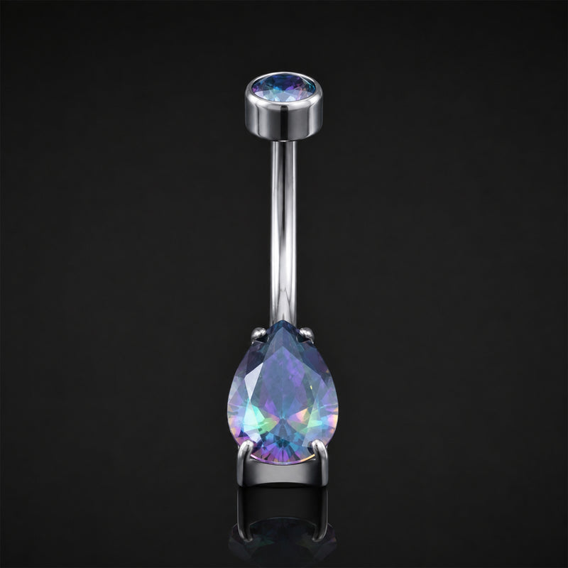 Piercing nombril, argenté, pierre goutte en oxyde de zirconium arc-en-ciel, filetage interne, titane