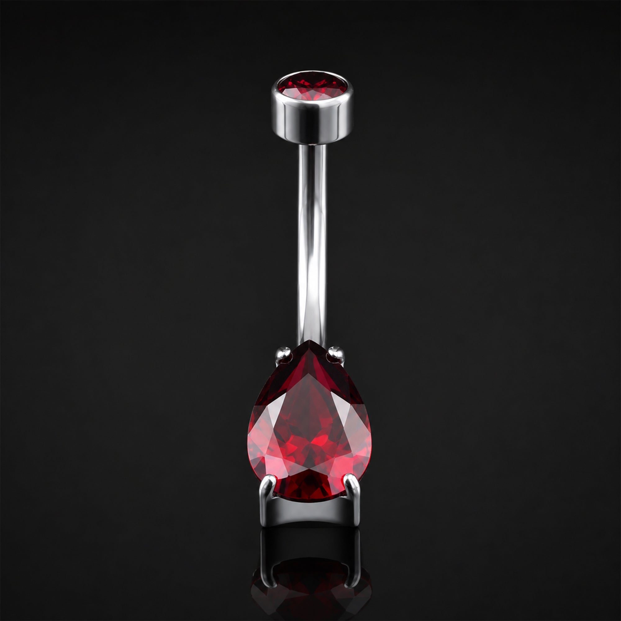 Belly Button Piercing, Silver, Red CZ Teardrop Stone, Internal Thread, Titanium