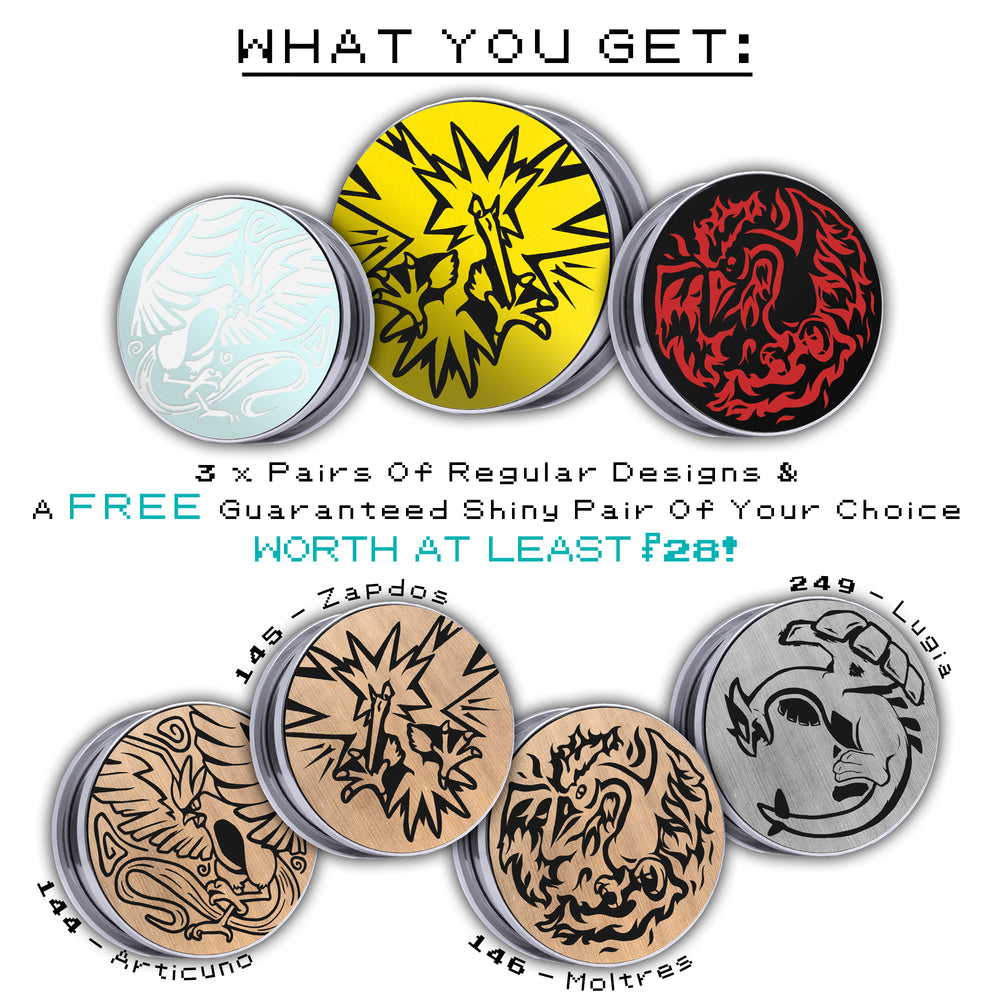 Legendary Bird Pokémon Mega Saving Bundle - Steel Inlays - Lasered To Order In House At Custom Plugs HQ