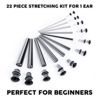 Beginner Ear Stretching Kit, Surgical Steel Taper & Clear Black Glass Plug / Gauge - 22 Piece
