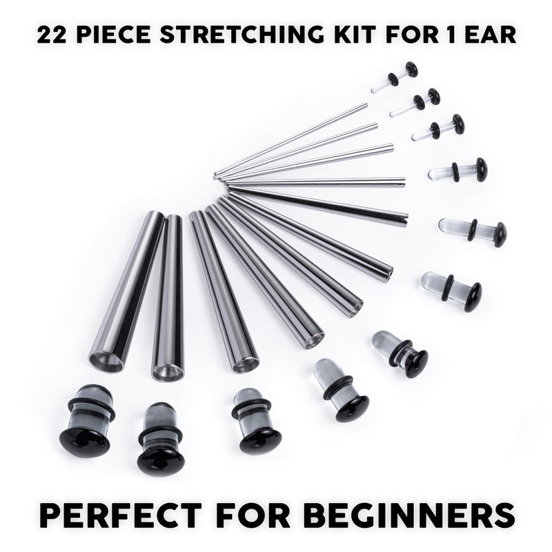 Beginner Ear Stretching Kit, Surgical Steel Taper & Clear Black Glass Plug / Gauge - 22 Piece