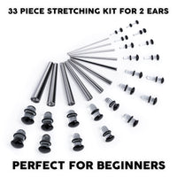 Kit d'étirement d'oreille débutant, Taper en acier chirurgical & Plug / Gauge en verre noir transparent - 33 pièces