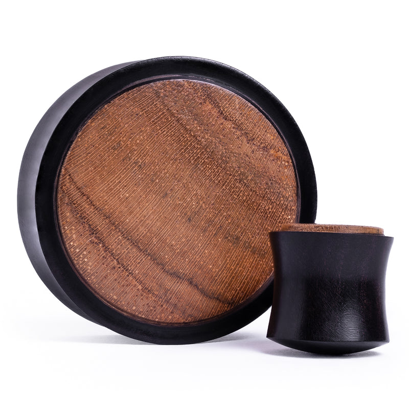 Plug en bois pour oreille étirée, incrustation ébène noir et teck