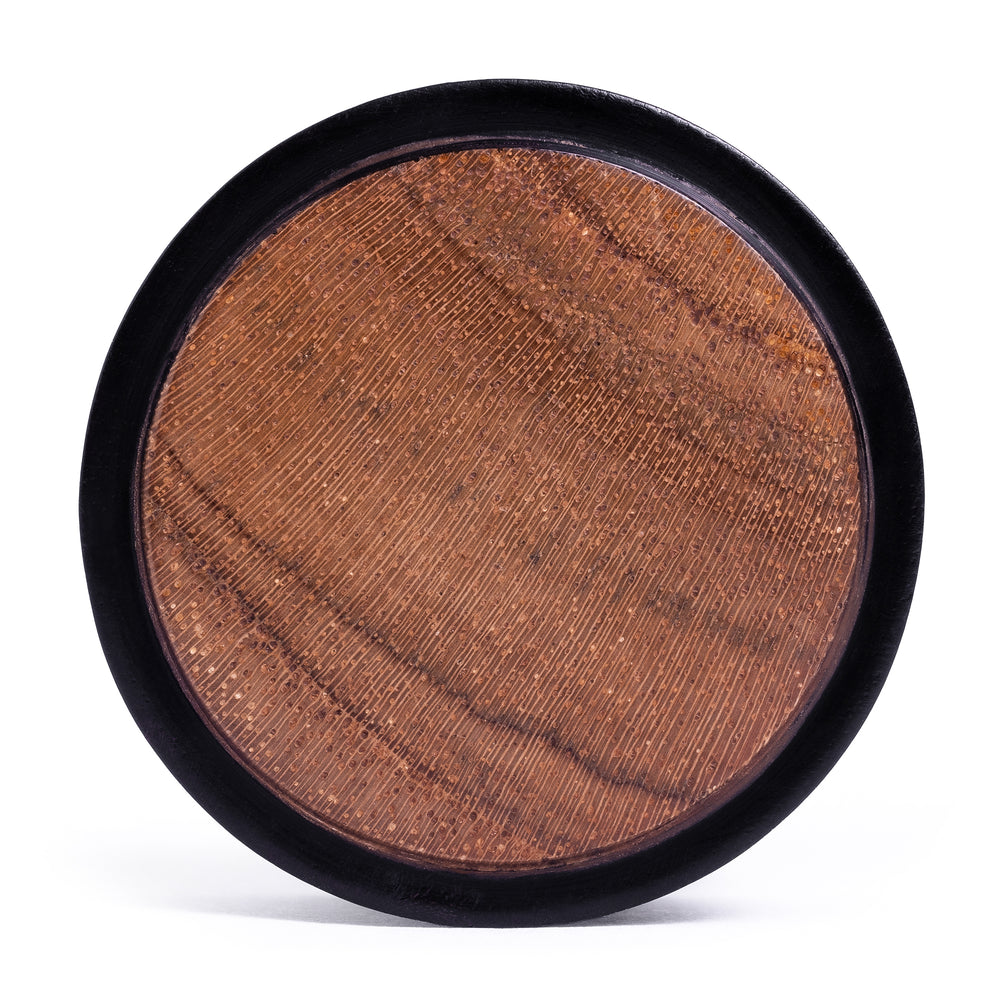 Gestreckter Holz-Plug mit Intarsien aus schwarzem Ebenholz und Teakholz