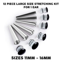 Kit d'étirement d'oreille grande taille, Taper en acier chirurgical & Plug / Gauge en verre noir transparent - 12 pièces
