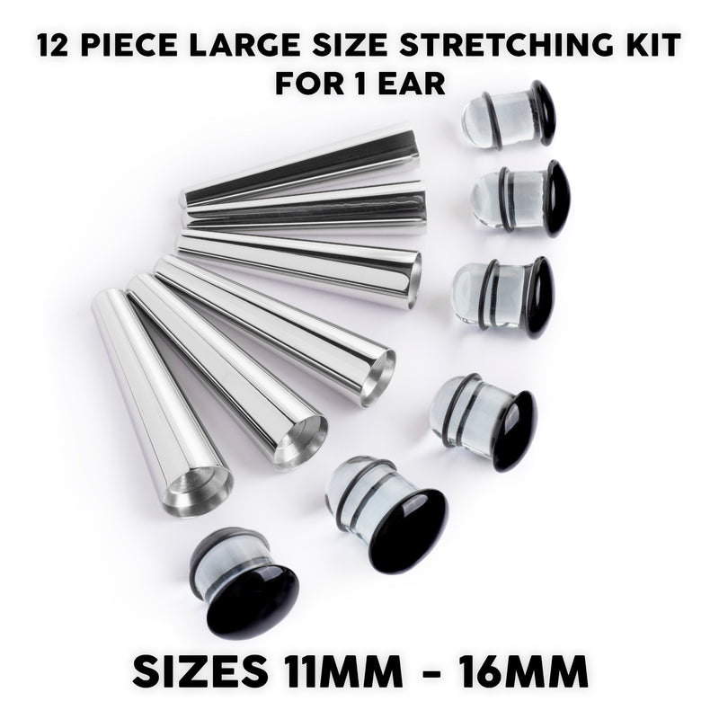 Kit d'étirement d'oreille grande taille, Taper en acier chirurgical & Plug / Gauge en verre noir transparent - 12 pièces