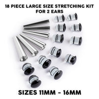 Kit d'étirement d'oreille grande taille, Taper en acier chirurgical & Plug / Gauge en verre noir transparent - 18 pièces