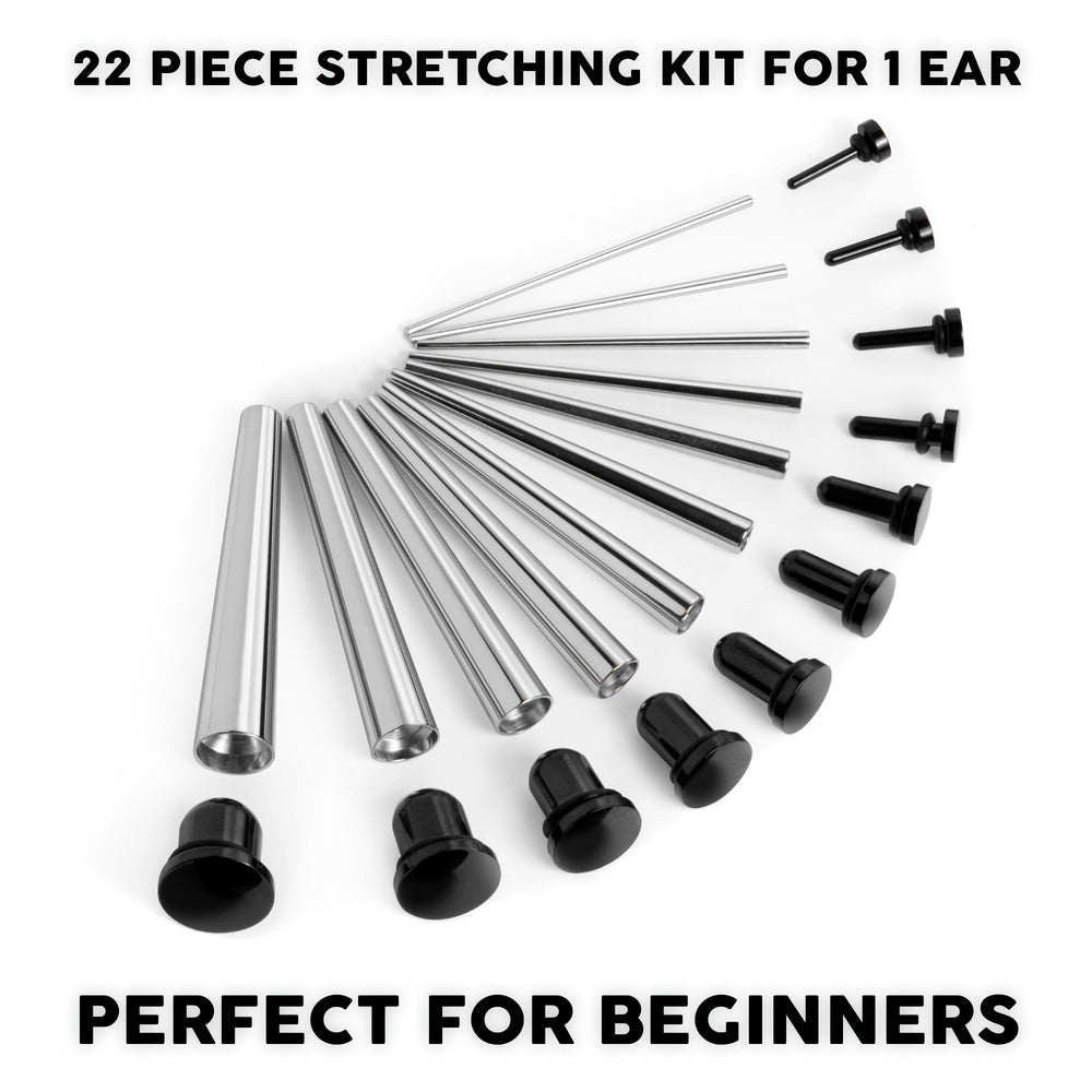 Anfänger -Ohr -Stretch -Kit für Ohren - 22 -teilige Packung - Beinhaltet chirurgische Stahljungtiere und schwarzer Stahlplug / -steuer