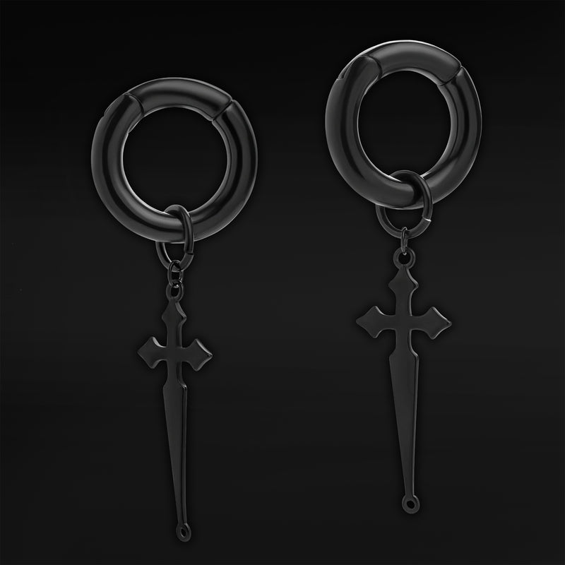 Black Steel Cross Dangle Hoop Ear Hangers - Pair