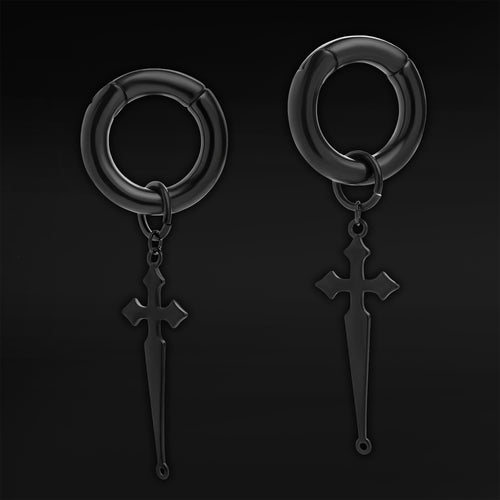 Black Steel Cross Dangle Hoop Earring Hangers (Pair)