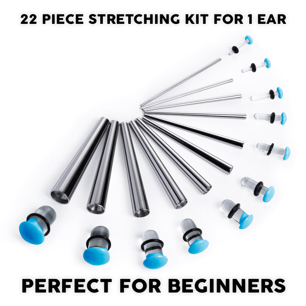 Beginners Ear Stretching Kit for Ears - 22 Piece Pack - Includes Surgical Steel Tapers & Clear - Blue Glass Plug / Gauge - Starter Pack of Metal Ear Stretchers from 14g to 00g