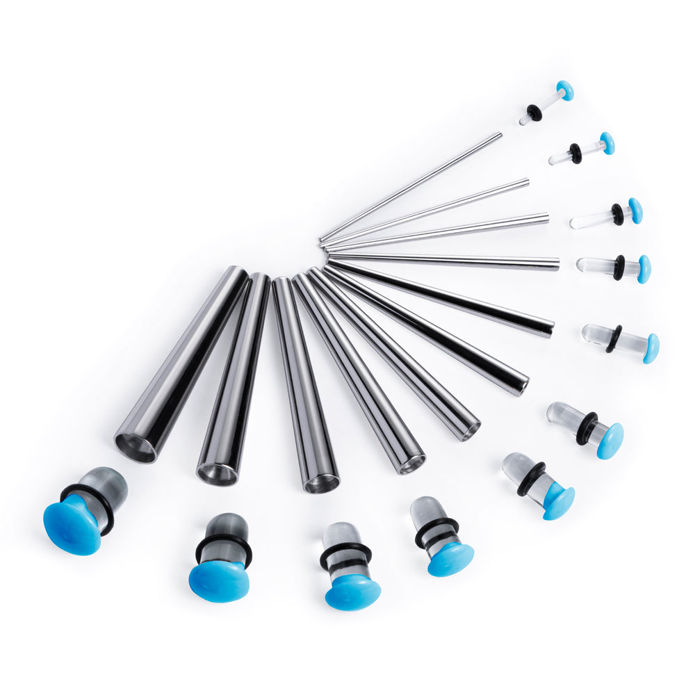 Beginners Ear Stretching Kit for Ears - 22 Piece Pack - Includes Surgical Steel Tapers & Clear - Blue Glass Plug / Gauge - Starter Pack of Metal Ear Stretchers from 14g to 00g