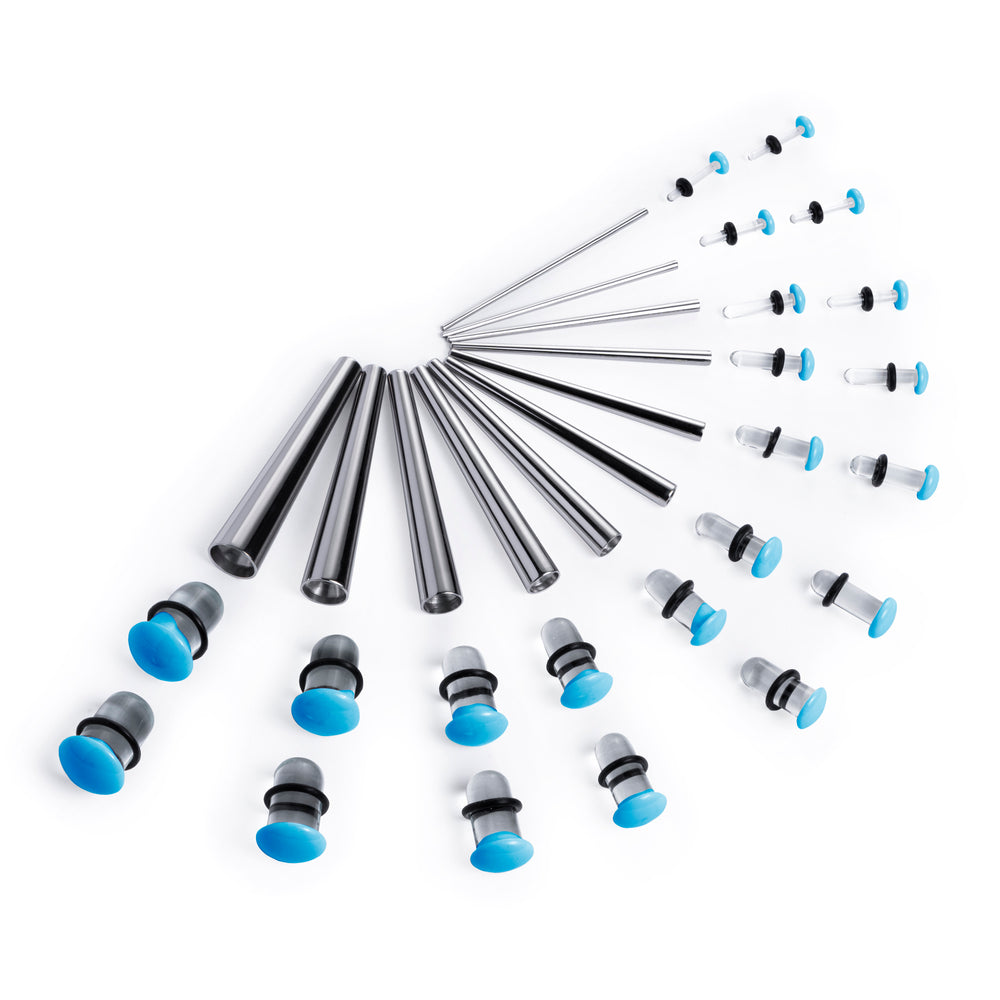 Anfänger-Ohr-Stretch-Set für Ohren – 33-teilige Packung – inklusive chirurgischem Stahlkegel und transparentem, blauem Glas- Plug/Messgerät