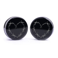 Plug / Gauge Tatouage cœur en fil barbelé - Verre noir | Face plate double évasé