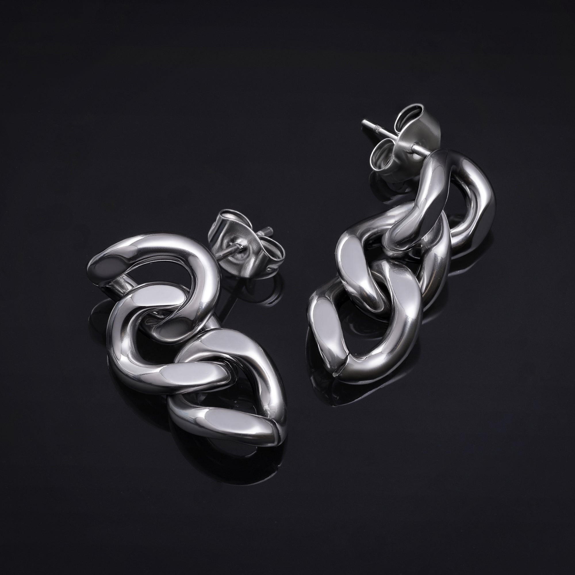Stud Earrings, Silver, Dangle Chain Link, 316L Stainless Steel - Pair