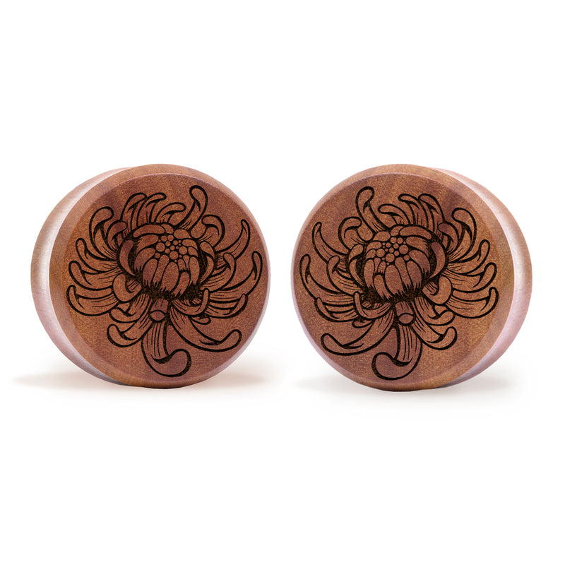Plug / Gauge Fleur de chrysanthème - Bois de Saba | Face plate double évasé