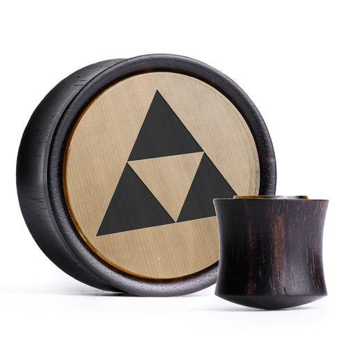 Zelda Triforce Plug / Gauge - Gold & Black Inlay Ebony Wood | Convex Double Flare