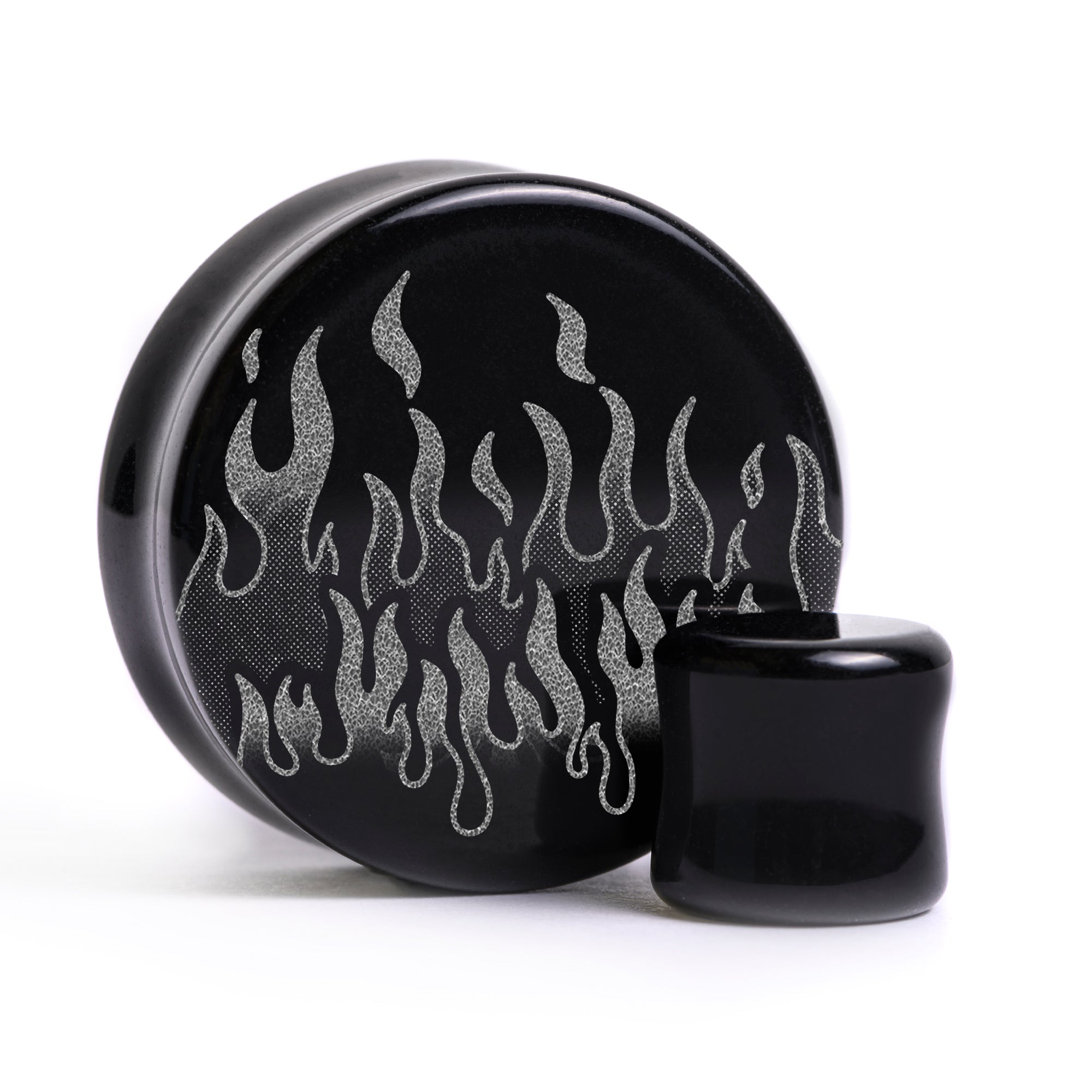 90's Retro Flames Plug / Gauge - Black Glass | Flat Faced Double Flare