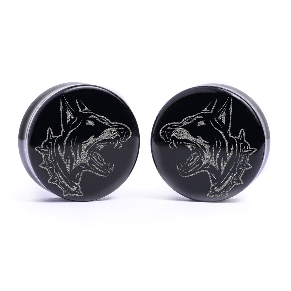 Wütender Dobermann Hund Plug / Manschette - Schwarzes Glas | Flache Doppel-Flare