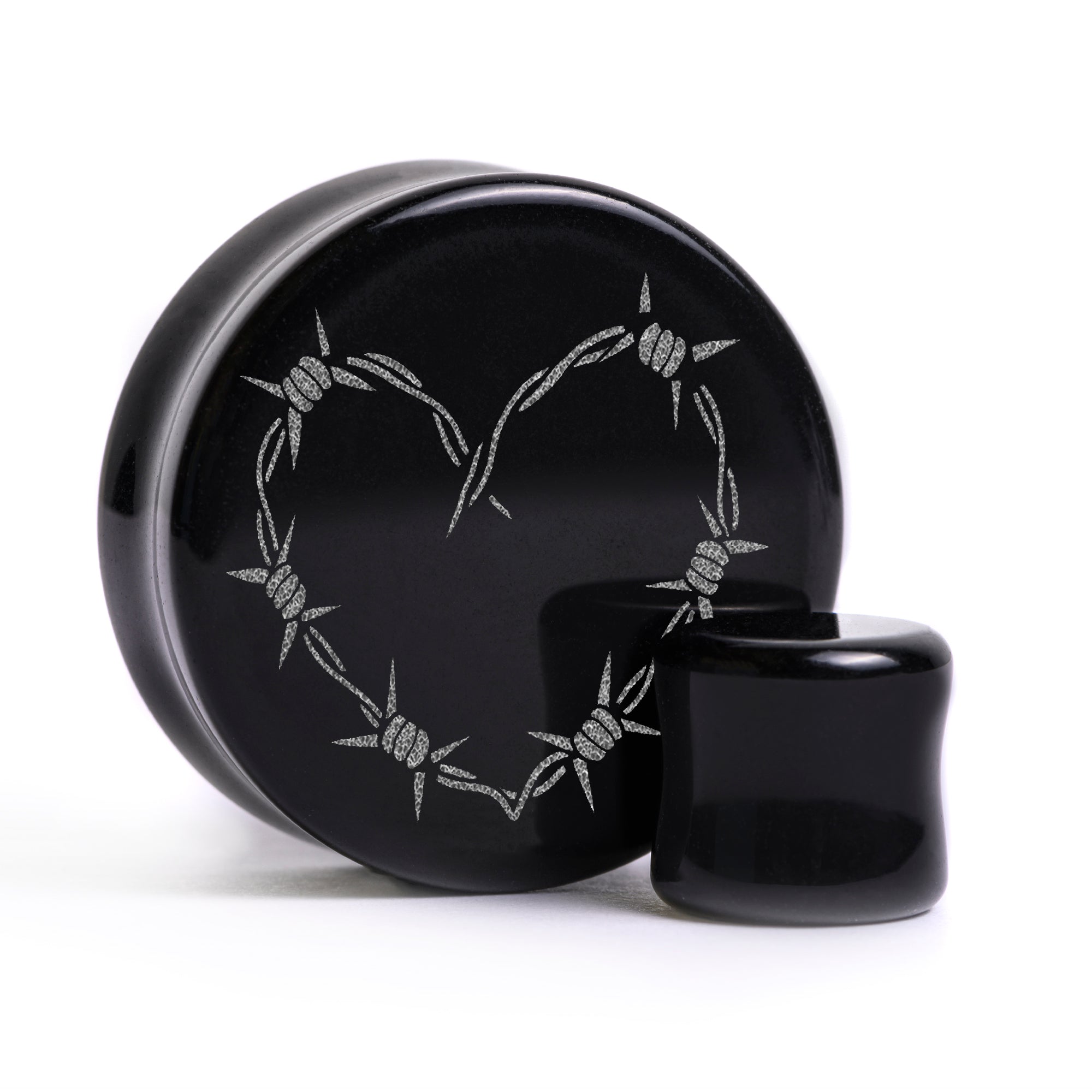 Barbed Wire Heart Tattoo Plug / Gauge - Black Glass | Flat Faced Double Flare