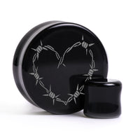 Plug / Gauge Tatouage cœur en fil barbelé - Verre noir | Face plate double évasé