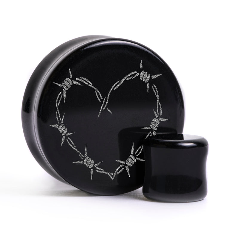 Plug / Gauge Tatouage cœur en fil barbelé - Verre noir | Face plate double évasé