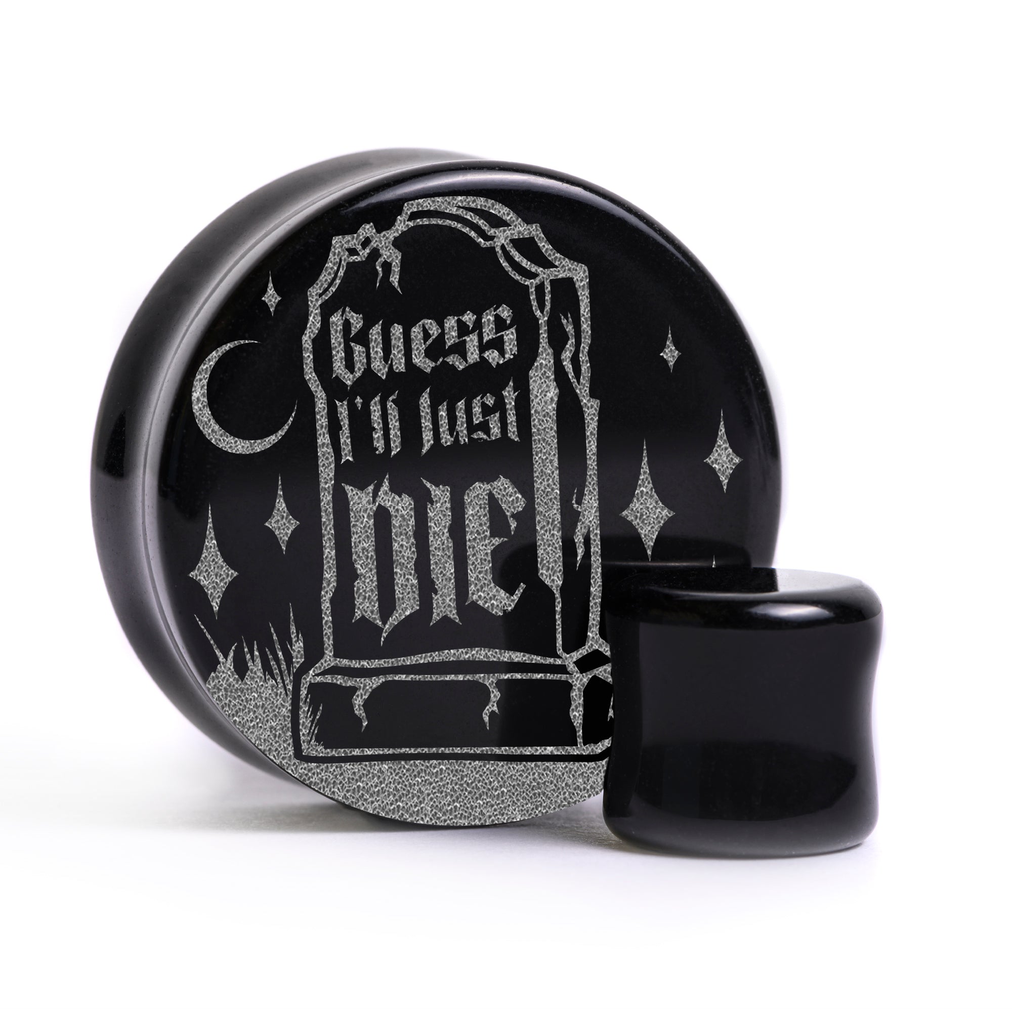 Guess I'll Just Die Gravestone Plug / Gauge - Black Glass | Flat Faced Double Flare