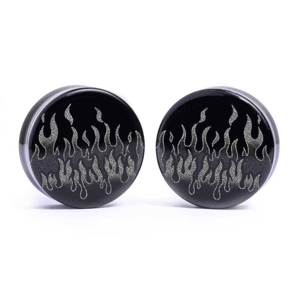 90's Retro Flames Plug / Gauge - Black Glass | Flat Faced Double Flare - Lasered To Order In House At Custom Plugs HQ