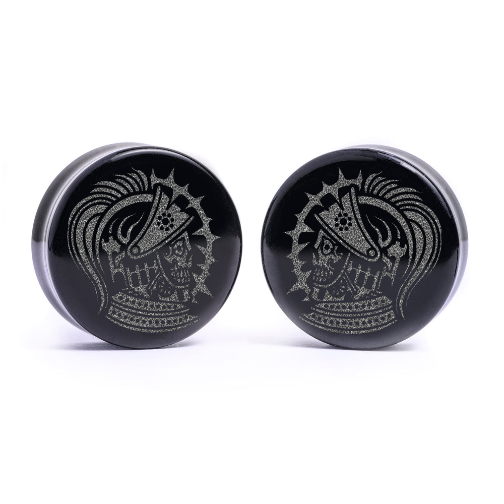 Cursed Knight Plug / Gauge - Black Glass | Flat Faced Double Flare - Lasered To Order In House At Custom Plugs HQ