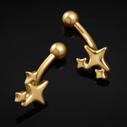 Curved Barbell, Gold, Triple Star, Internally Threaded, Titanium, 1.2mm Gauge
