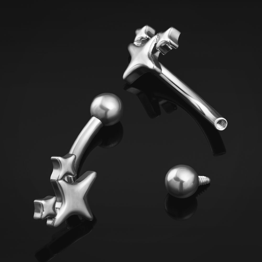 Curved Barbell, Silver, Triple Star, Internally Threaded, Titanium, 1.2mm Gauge - Silver Triple Star Internally Threaded Titanium Curved Barbell 1.2mm Gauge / Rook / Eyebrow / Tragus Piercing Jewellery