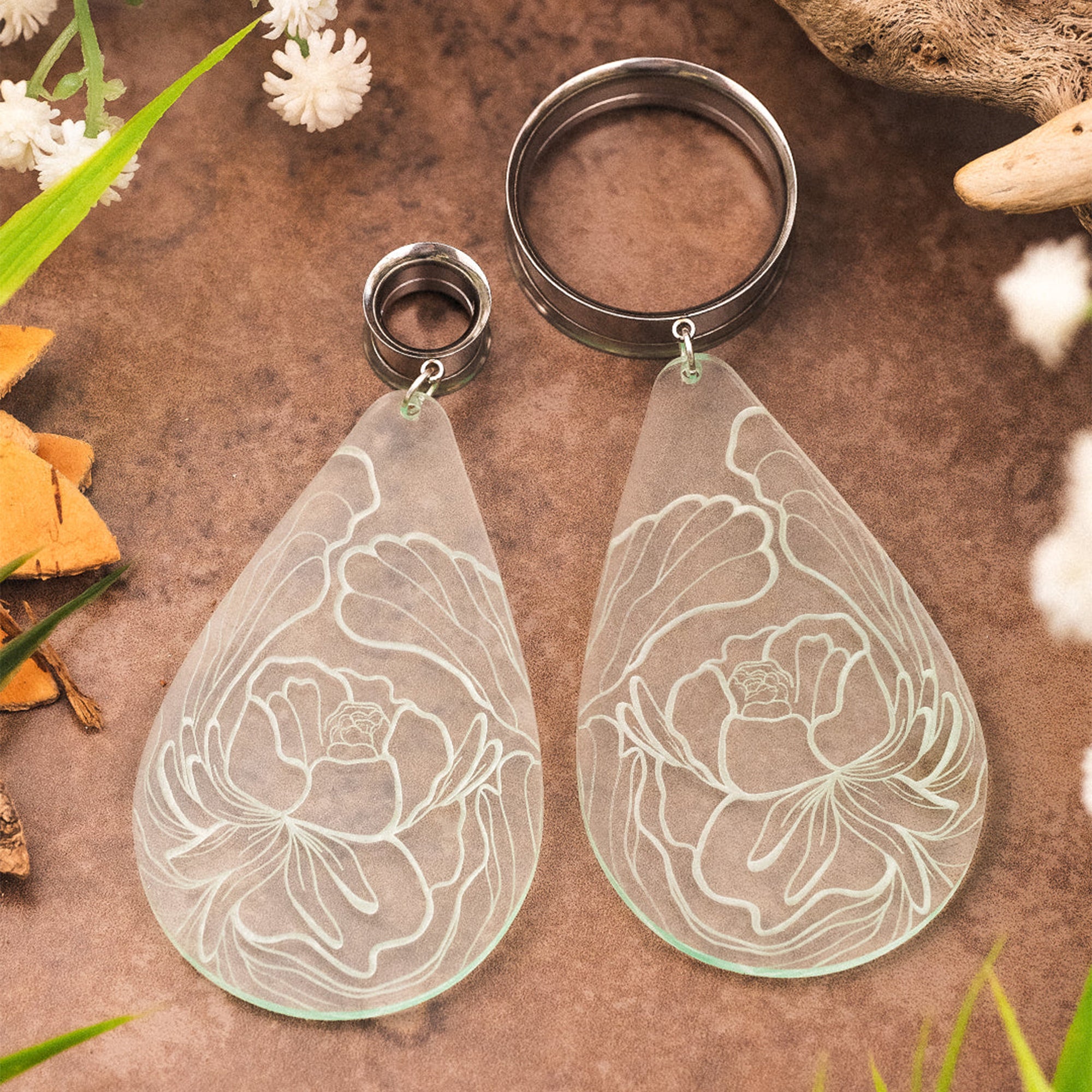 Clear Acrylic Peony Teardrop Dangle Plug Earrings