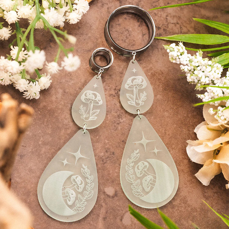 Boucles d'oreilles plug à pampille Mush-Moon double goutte en acrylique givré