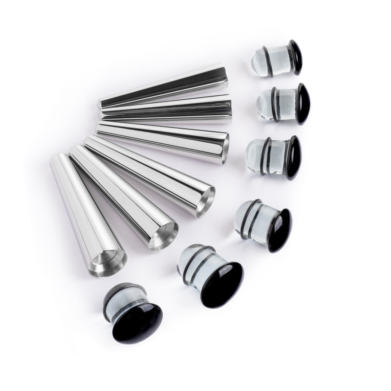 Kit d'étirement d'oreille grande taille, Taper en acier chirurgical & Plug / Gauge en verre noir transparent - 12 pièces