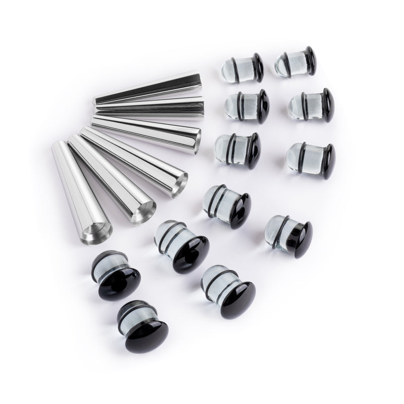 Kit d'étirement d'oreille grande taille, Taper en acier chirurgical & Plug / Gauge en verre noir transparent - 18 pièces
