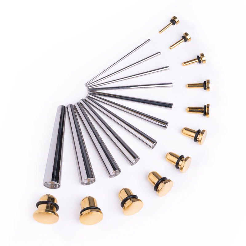 Anfänger-Ohr Stretching-Kit, Taper aus chirurgischem Stahl & Gold-Stahl Plug / Gauge – 22-teilig