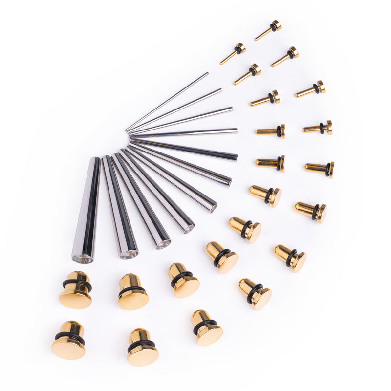Kit d'étirement d'oreille débutant, Taper en acier chirurgical & Plug / Gauge en acier doré - 33 pièces