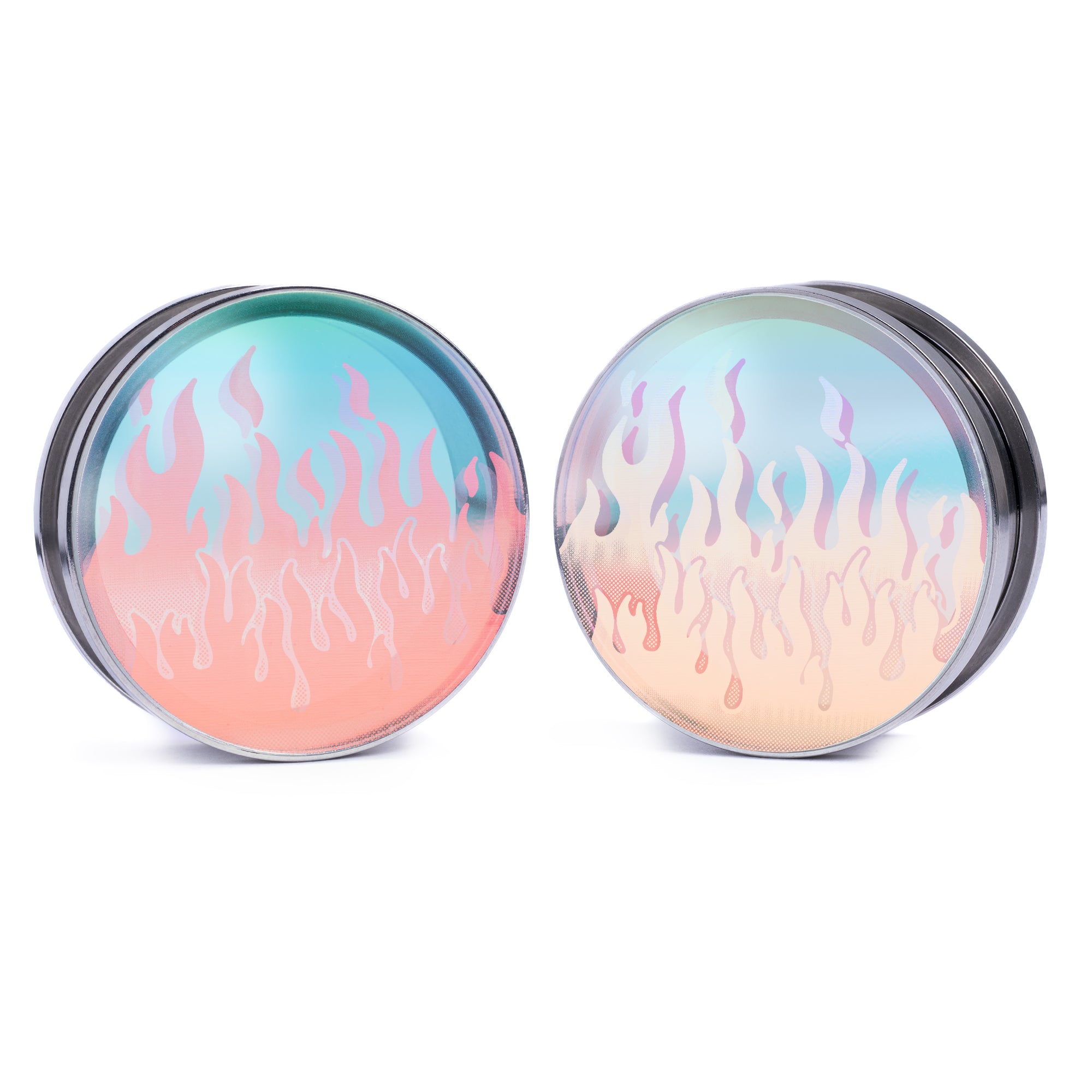 90's Retro Flames - Iridescent Inlay Silver Screwback Double Flare Steel Ear Stretching Tunnel / Gauge