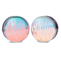 Flammes rétro années 90 - tunnel d'oreille en acier à double évasement avec incrustation irisée et fermoir à vis argenté / Stretching