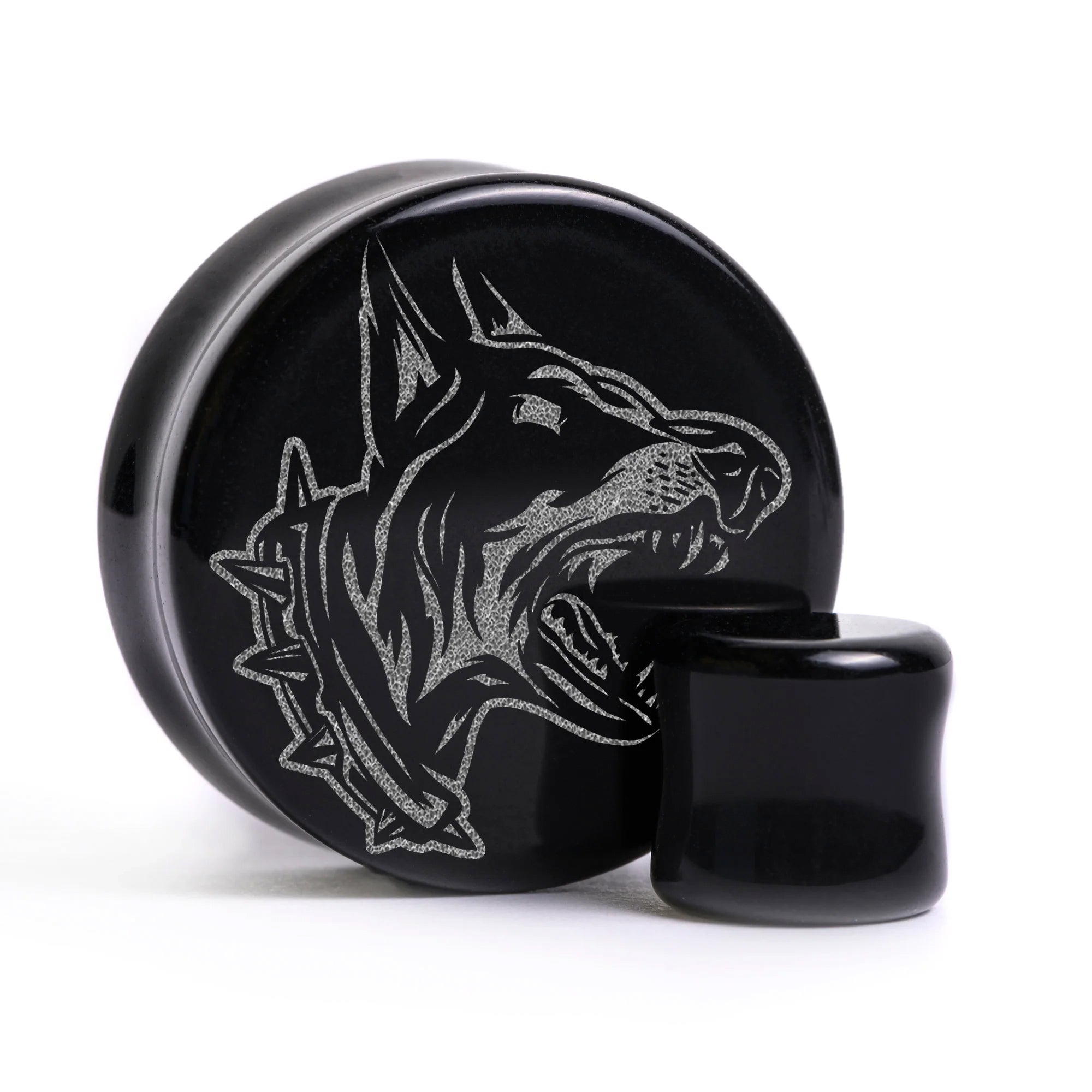 Angry Doberman Dog Plug / Gauge - Black Glass | Flat Faced Double Flare