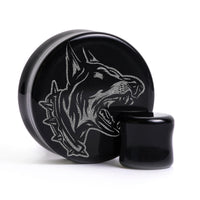 Plug / Gauge Chien doberman en colère - Verre noir | Face plate double évasé