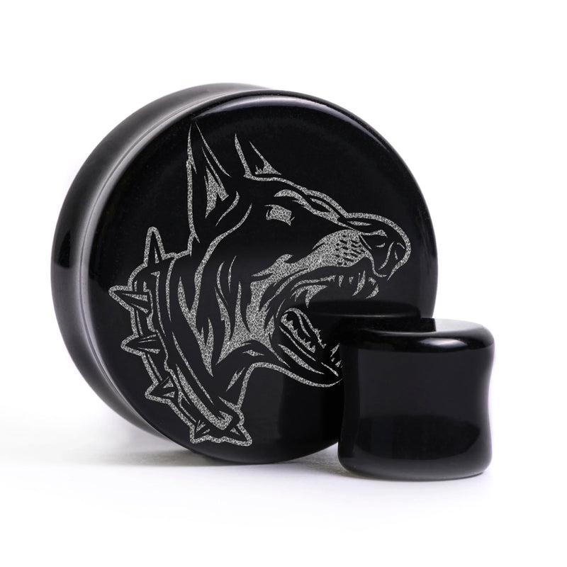 Plug / Gauge Chien doberman en colère - Verre noir | Face plate double évasé