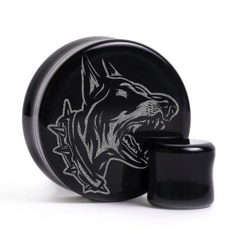 Angry Doberman Dog Plug / Gauge - Black Glass | Flat Faced Double Flare
