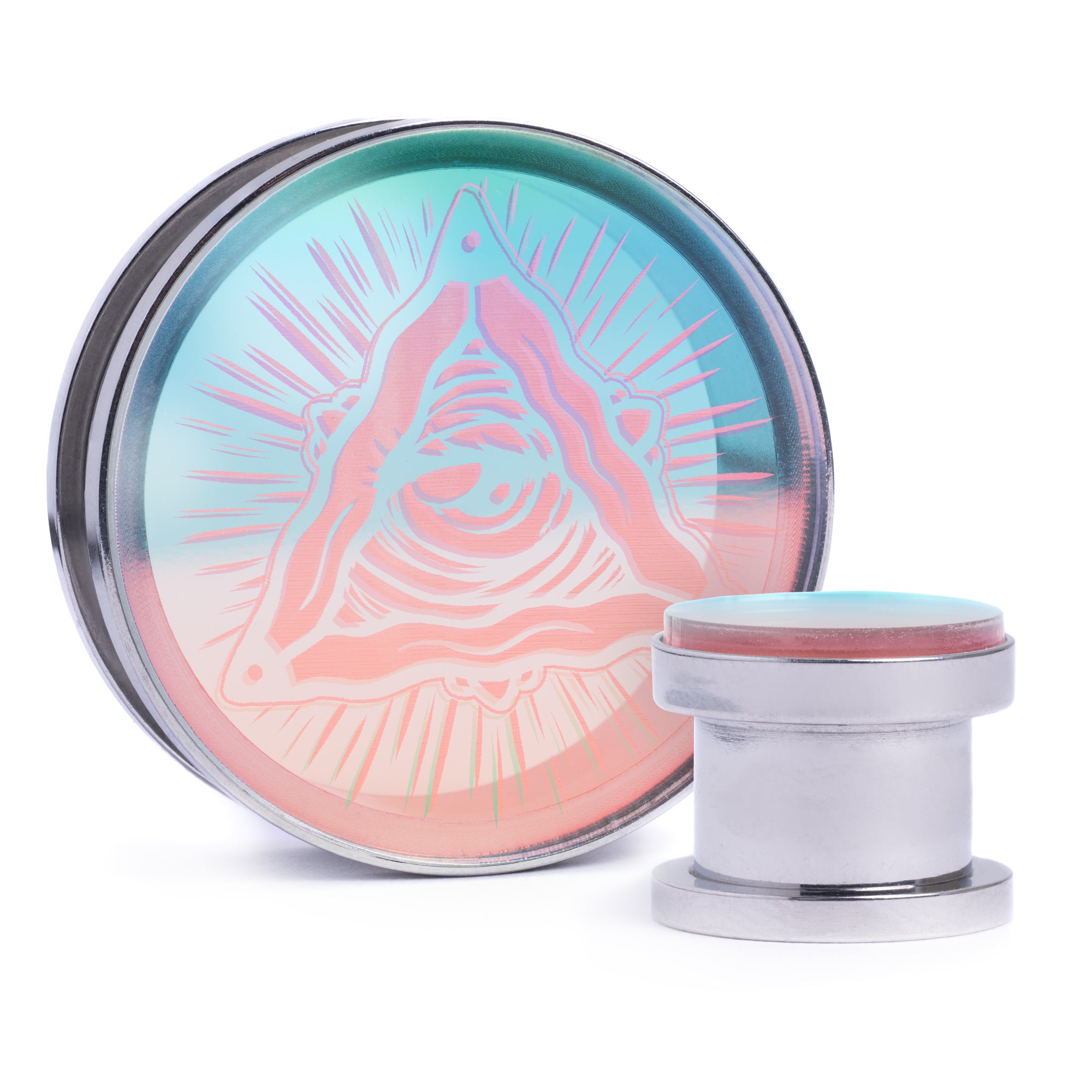 All Seeing Eye - Iridescent Inlay Silver Screwback Double Flare Steel Ear Stretching Tunnel / Gauge